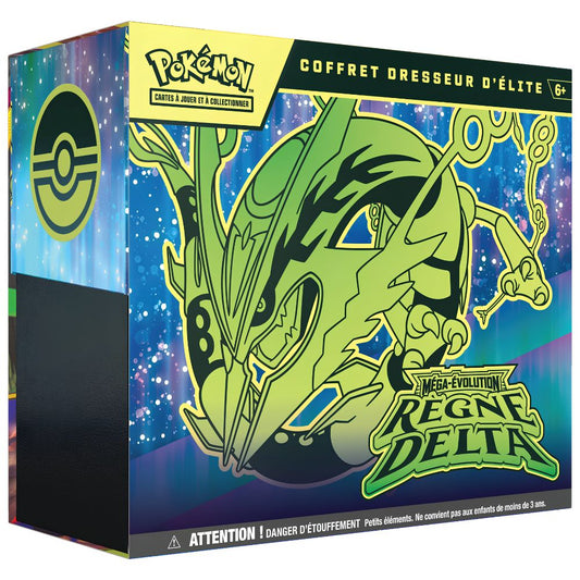 French Pokemon Mega Evolution Delta Reign ME06 Elite Trainer Box with 9 booster packs, a Kyogre promo card and accessories.