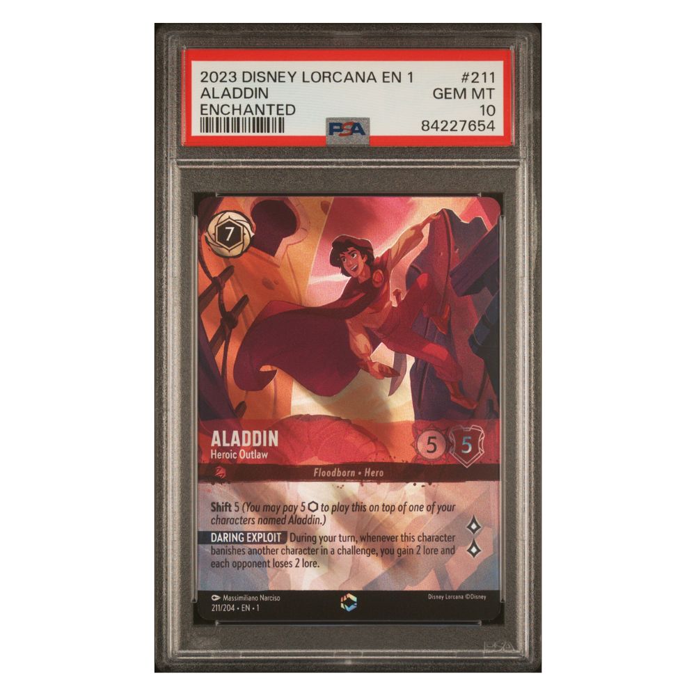 Disney Lorcana Aladdin Heroic Outlaw 211/204 Enchanted Rare - PSA 10 G Cardtreasure.ch Disney Lorcana Aladdin Heroic Outlaw 211/204 Enchanted Rare - PSA 10 G Cardtreasure.ch