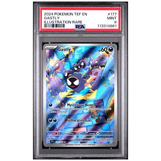 Graded PSA 9 Gastly Pokémon card from Temporal Forces 2024 – Illustration Rare