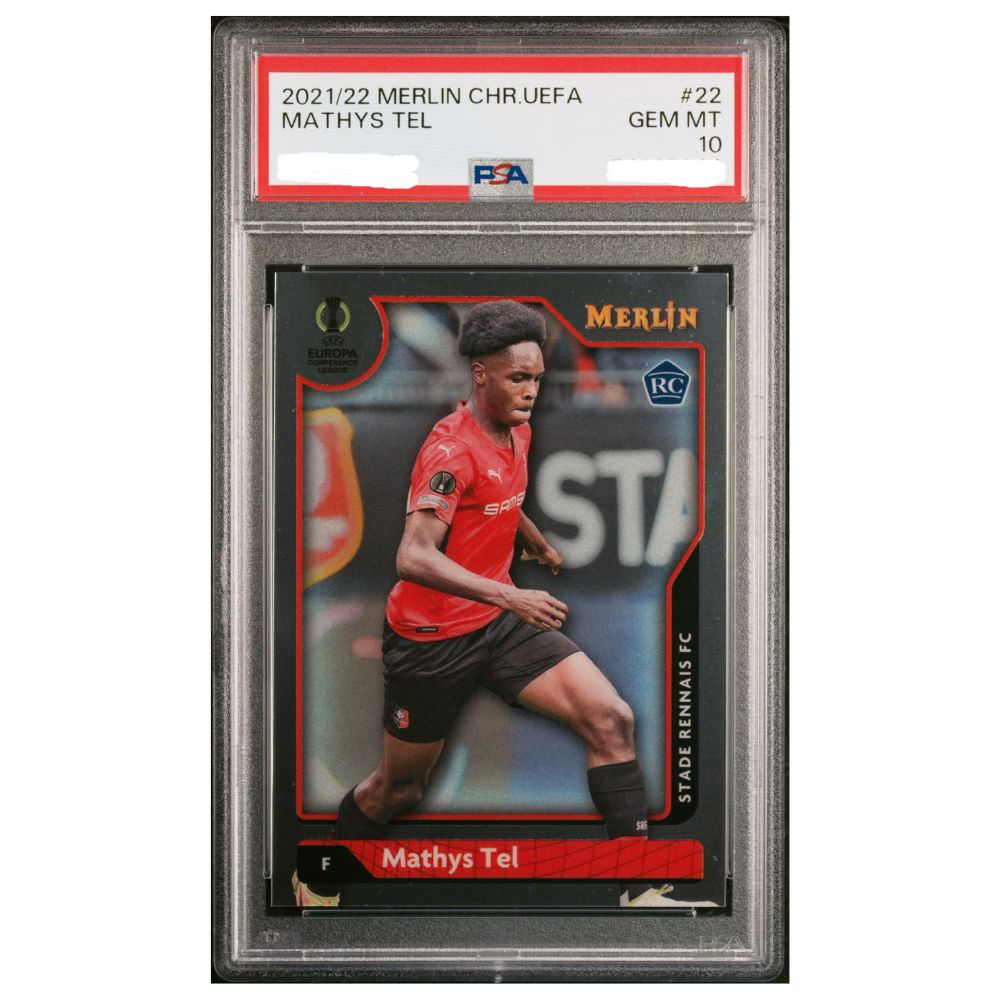 Official Topps Merlin Chrome UEFA Champions League graded card featuring Mathys Tel – Collectible Trading Card