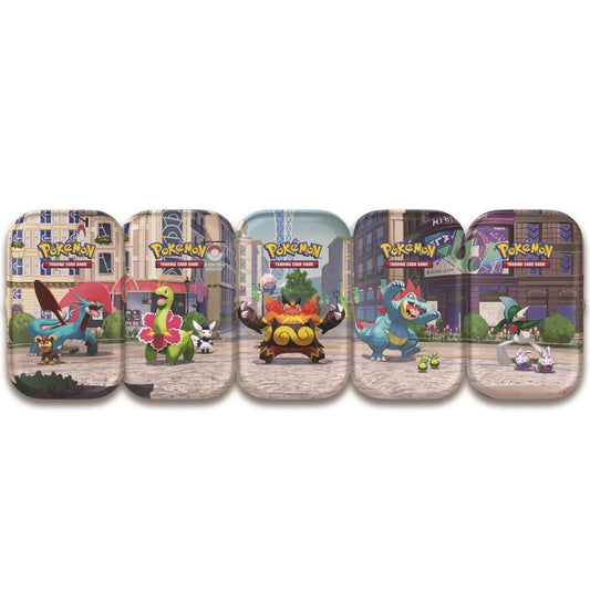 Set of five Pokémon-themed tins with character illustrations on a white background