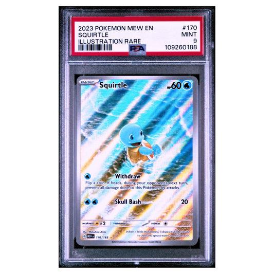 Graded PSA 9 Mew Pokémon card with Squirtle Illustration Rare from 2023 set