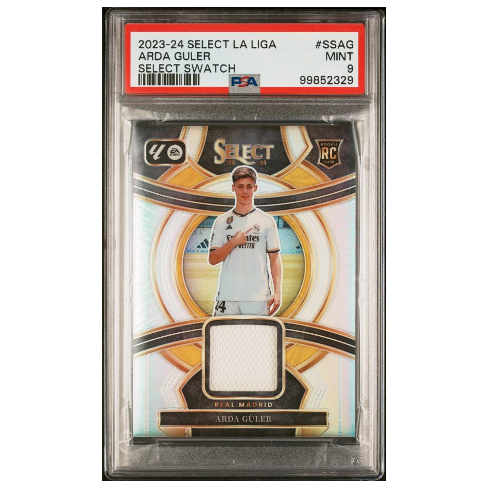 Trading card of Arda Guler in a protective case with branding and player information.