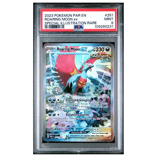 PSA 9 graded Roaring Moon ex Special Illustration Rare Pokémon card from Paradox Rift 2023