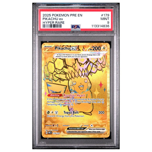 PSA 9 graded Pikachu ex Hyper Rare card from 2025 Pokémon Prismatic Evolutions set