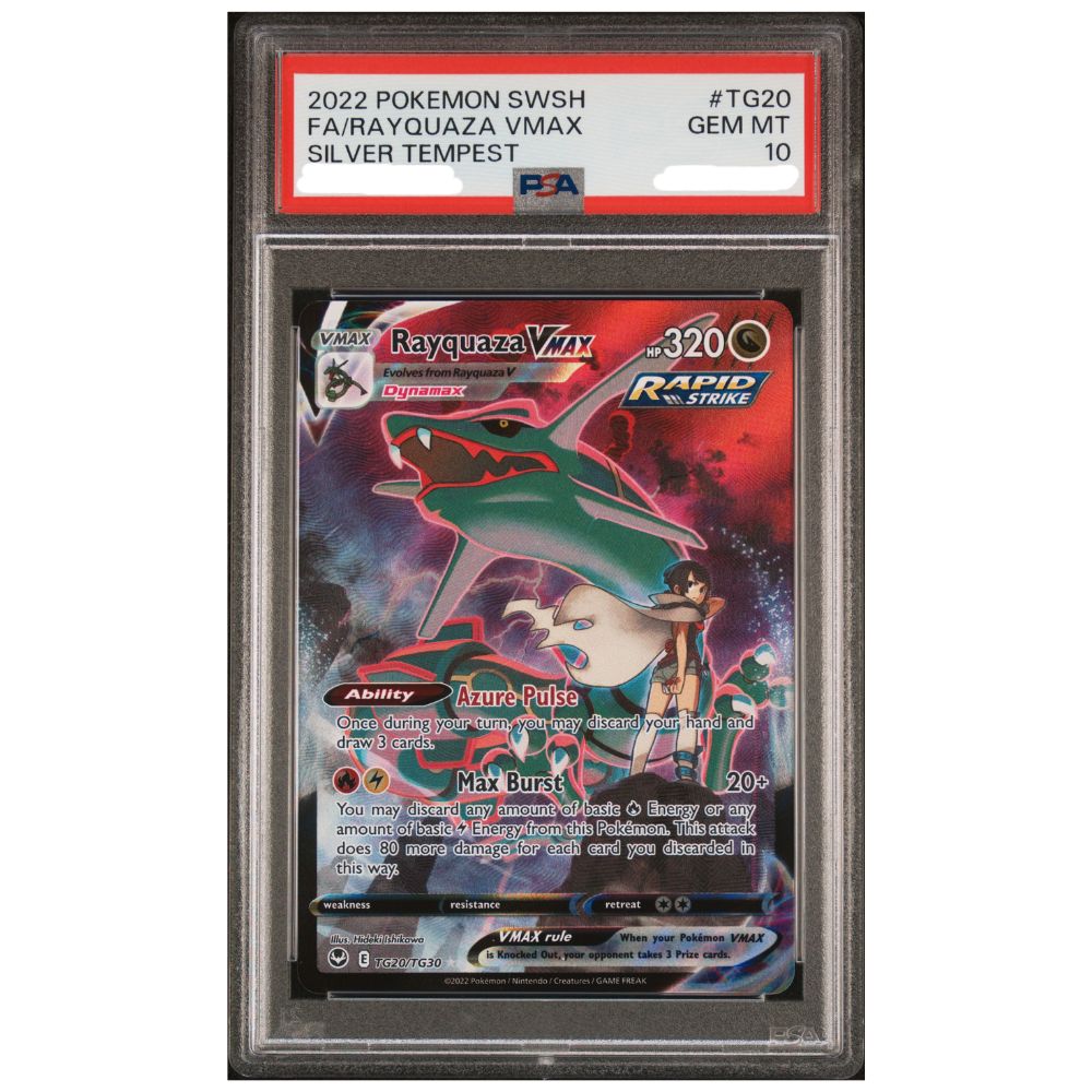Official Pokemon TCG Rayquaza VMAX Full Art PSA 10 from Silver Tempest Trainer Gallery graded card collectible