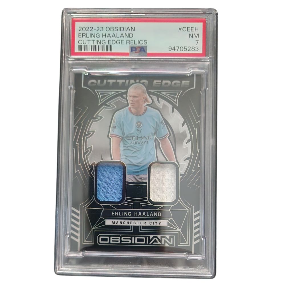 Erling Haaland 2022-23 Panini Obsidian Cutting Edge Dual Relics – PSA 7