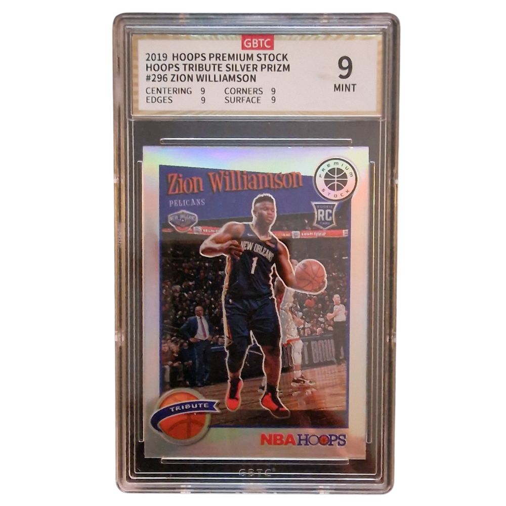 2019-20 Panini Hoops Premium Stock Zion Williamson #296 Silver Prizm Rookie Card – GBTC 9 (Mint)