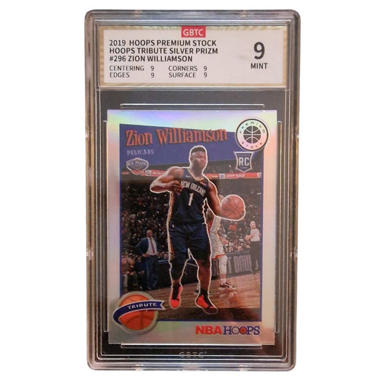 2019-20 Panini Hoops Premium Stock Zion Williamson #296 Silver Prizm Rookie Card – GBTC 9 (Mint)