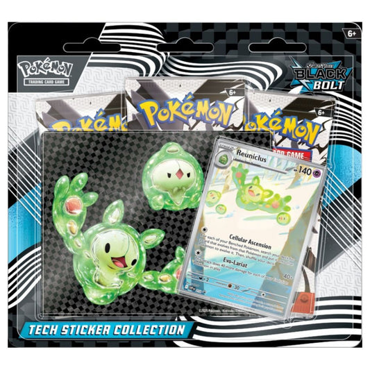 Pokémon trading card game pack with stickers and card featuring Reuniclus.