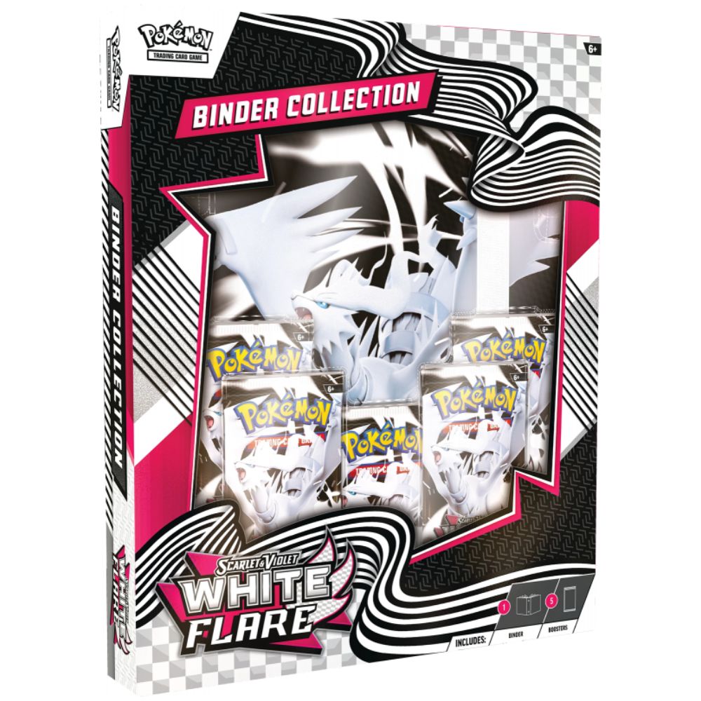 White Flare 9‑Pocket Portfolio binder with five booster packs and collector’s list
