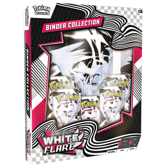 White Flare 9‑Pocket Portfolio binder with five booster packs and collector’s list