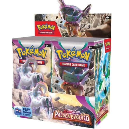 Paldea Evolved Booster Box Pokémon TCG: Scarlet & Violet SV2 with 36 packs featuring Iono and Magikarp cards.