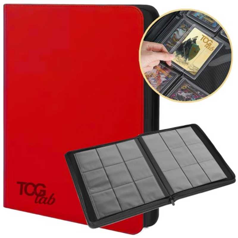 Red card holder with open compartmentalized lid displaying cards, featuring 'TCG Lab' branding.