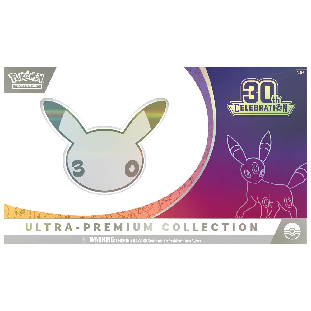 Pokémon Ultra-Premium Collection 30th Celebration holographic sticker of Eevee on its original packaging, featuring a white holographic sticker of Eevee with its number 3 on a white background, next to a purple and blue gradient card backing with a white line art Eevee and a '30th Celebration' logo.