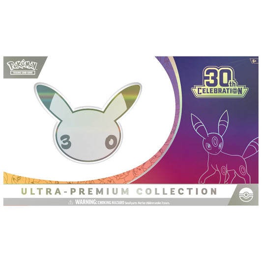 Pokémon Ultra-Premium Collection 30th Celebration holographic sticker of Eevee on its original packaging, featuring a white holographic sticker of Eevee with its number 3 on a white background, next to a purple and blue gradient card backing with a white line art Eevee and a '30th Celebration' logo.