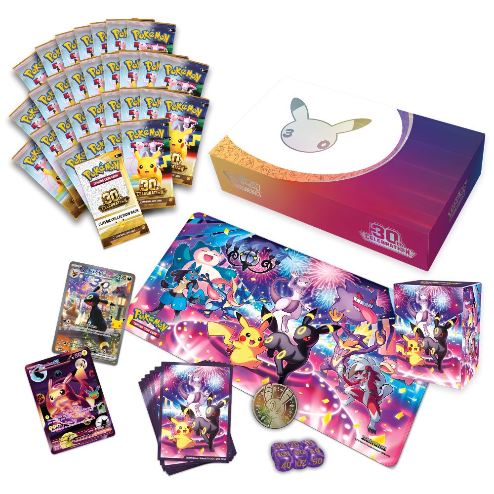 Pokémon TCG 30-card starter box set displayed with its contents on a white background, including a large illustrated playmat, multiple booster packs, a starter deck, a starter card, coin, and a collectible box featuring Eevee artwork.