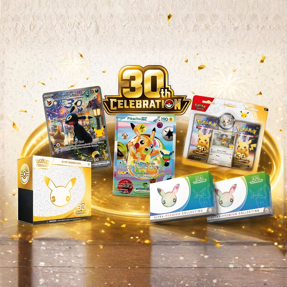 Pokémon 30th Celebration TCG products including Elite Trainer Box, Ultra-Premium Collection, Umbreon ex and Pikachu ex cards