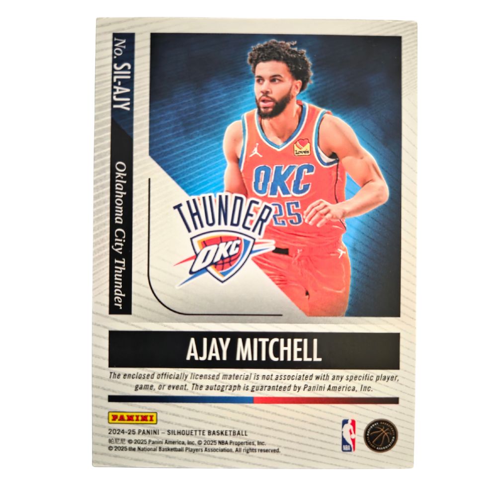 Back of Ajay Mitchell 2024-25 Panini Silhouette Autograph Patch #25 /99 basketball card showing Oklahoma City Thunder details and Panini branding