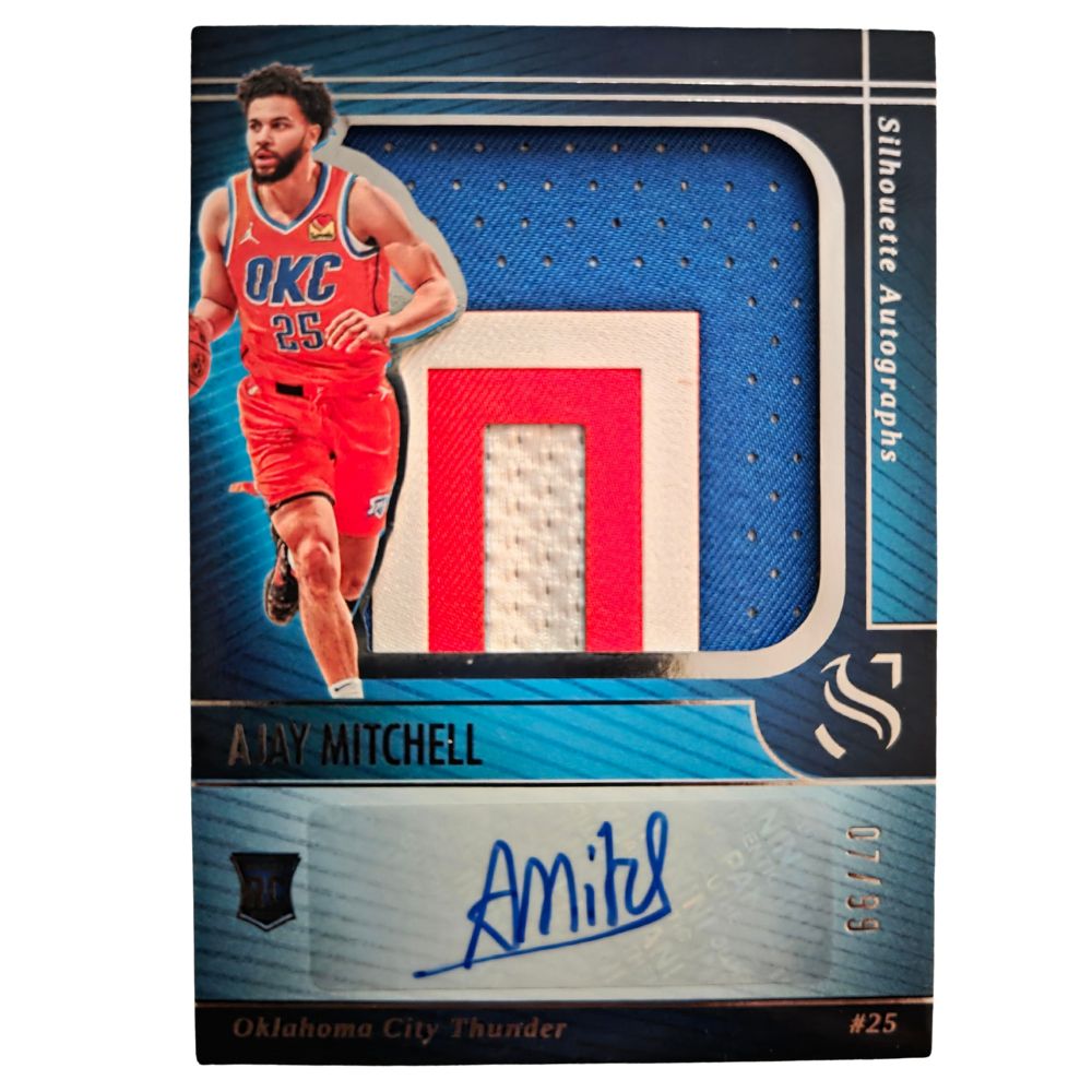 Front of Ajay Mitchell 2024-25 Panini Silhouette Autograph Patch #25 card /99 featuring multi-color Thunder jersey patch and blue ink autograph