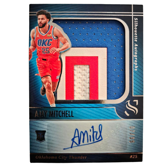 Front of Ajay Mitchell 2024-25 Panini Silhouette Autograph Patch #25 card /99 featuring multi-color Thunder jersey patch and blue ink autograph