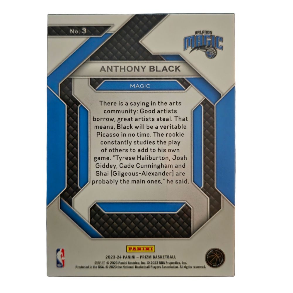 Back of Anthony Black 2023-24 Panini Prizm Emergent #3 rookie insert in Near Mint condition