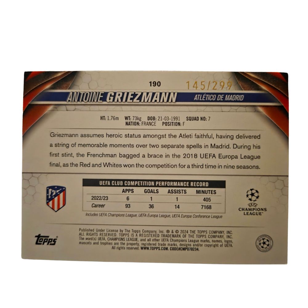 Back of Antoine Griezmann 2023-24 Topps UEFA Club Competitions Purple #190 /299 card showing stats and biography