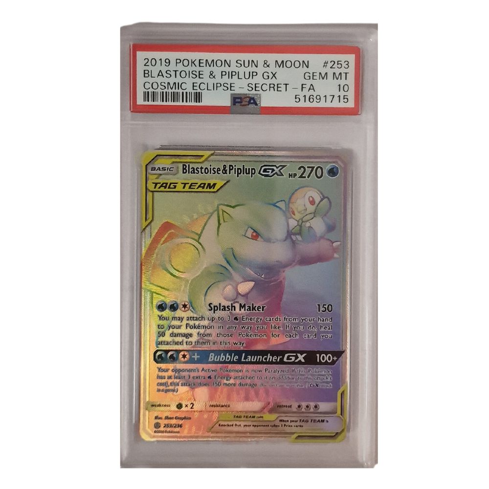 PSA 10 graded Blastoise & Piplup GX Secret Rare card #253/236 from Pokémon Cosmic Eclipse set