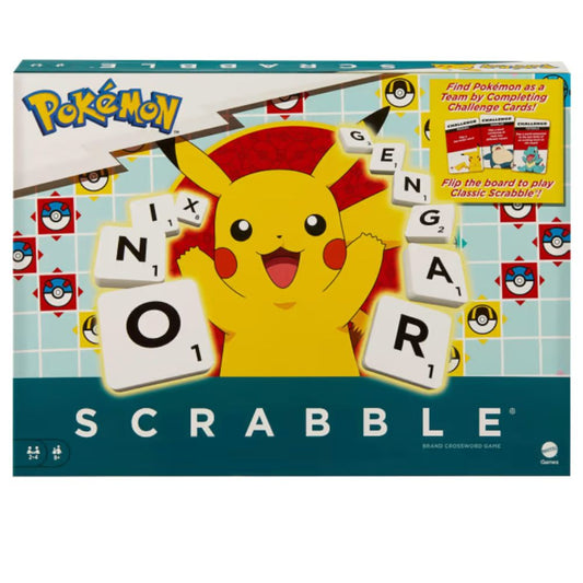 Pokémon Scrabble board game box with Pikachu on a blue background