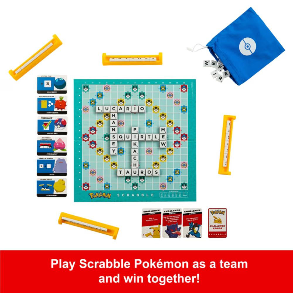 Scrabble Pokémon game set with tiles, board, and packaging on a white background