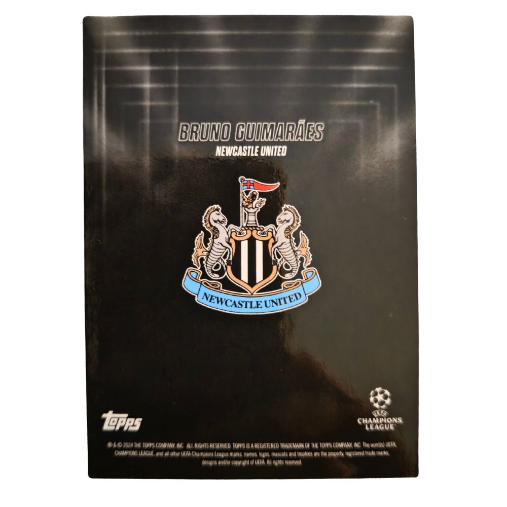 Back of Bruno Guimarães 2023-24 Topps ShowTime UEFA Club Competitions numbered 48/99 card, showing card details and serial numbering