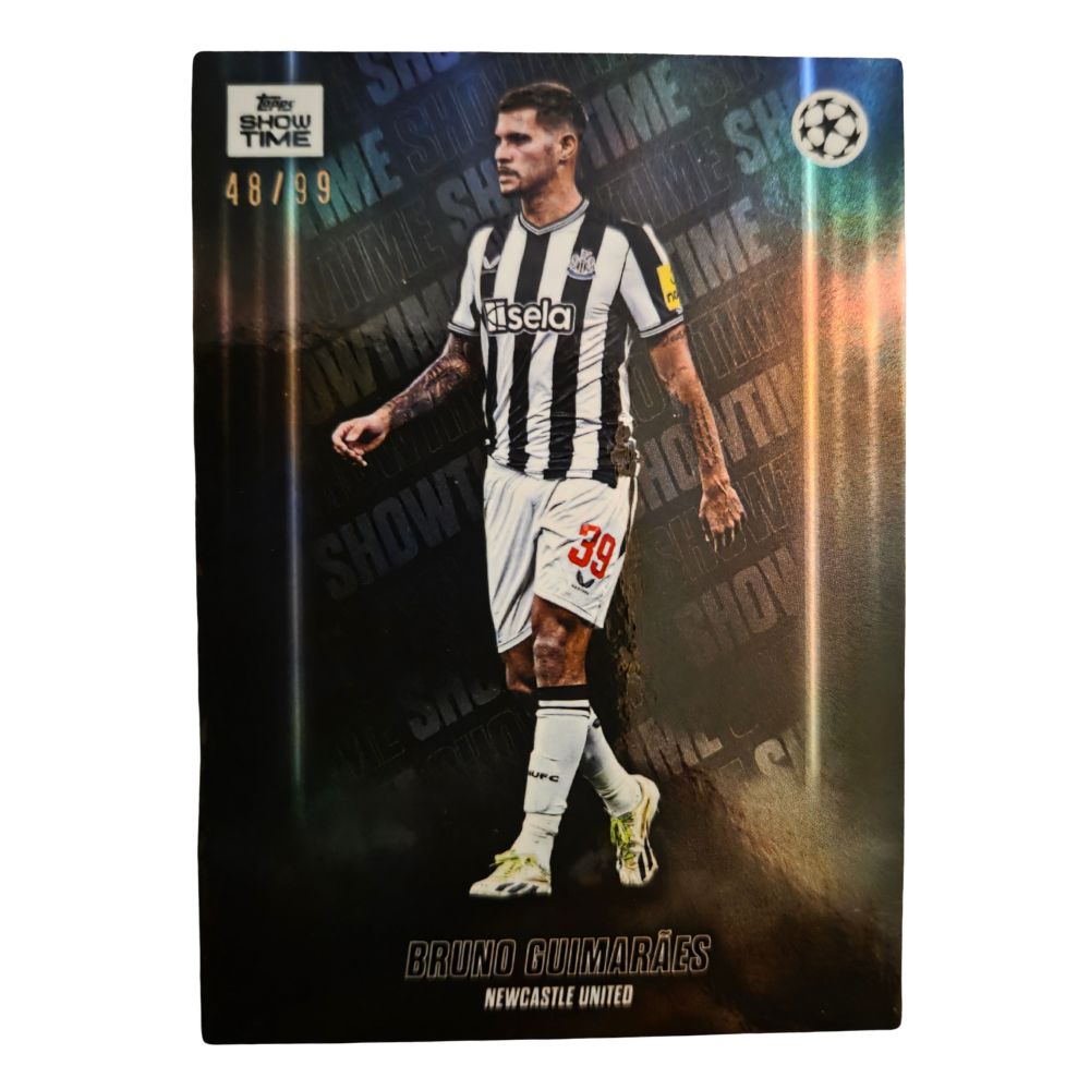 Front of Bruno Guimarães 2023-24 Topps ShowTime UEFA Club Competitions numbered 48/99 card, raw Near Mint condition