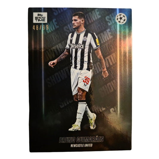 Front of Bruno Guimarães 2023-24 Topps ShowTime UEFA Club Competitions numbered 48/99 card, raw Near Mint condition