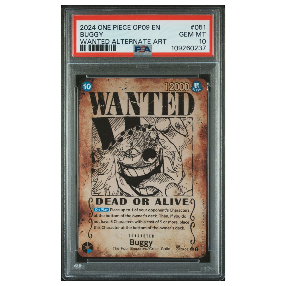 PSA 10 Buggy Wanted Alternate Art card from One Piece OP09 2024 set