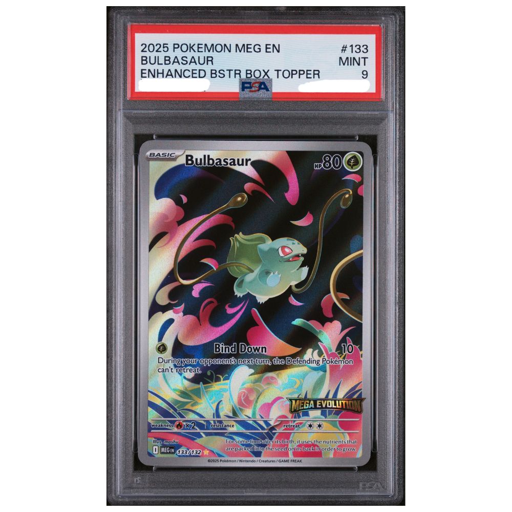 Bulbasaur Enhanced Booster Box Topper PSA 9 from Pokemon Mega Evolution front view