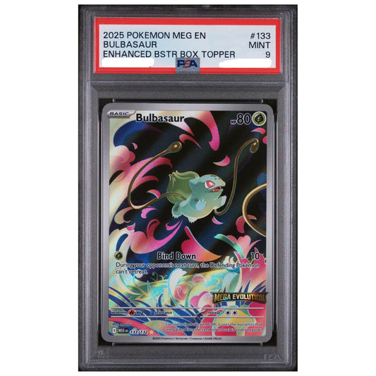 Bulbasaur Enhanced Booster Box Topper PSA 9 from Pokemon Mega Evolution front view