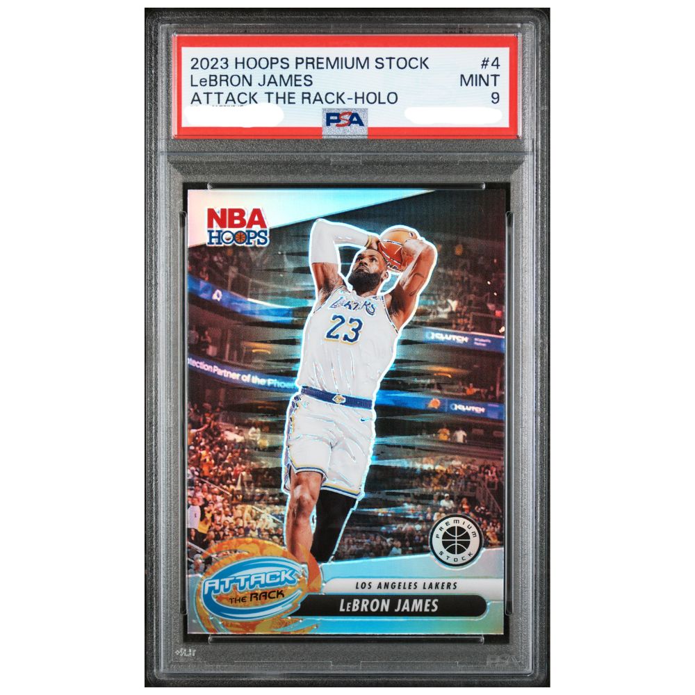 Official Basketball Card 2023 Panini Hoops Premium Stock Attack The Rack LeBron James PSA 9 holo collectible trading card