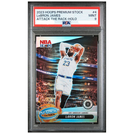 Official Basketball Card 2023 Panini Hoops Premium Stock Attack The Rack LeBron James PSA 9 holo collectible trading card