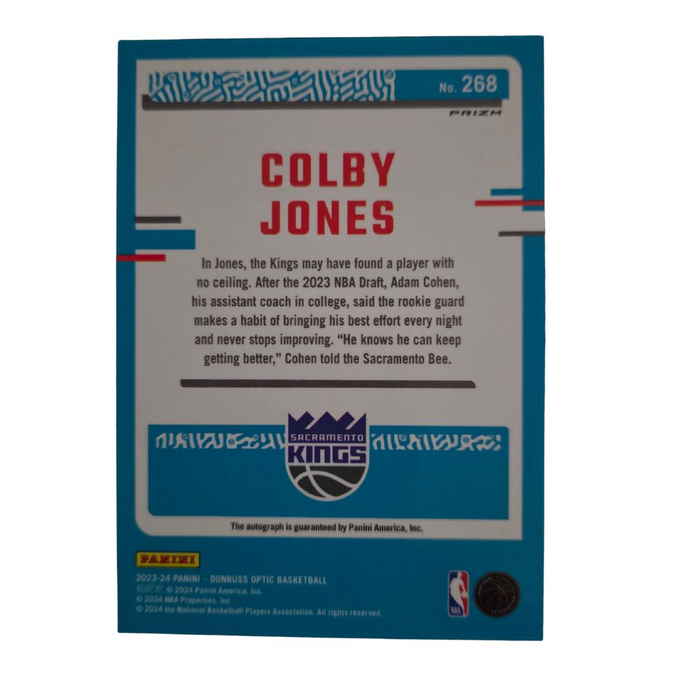 Back of Colby Jones 2023-24 Panini Donruss Optic Rated Rookie Autograph #268 basketball card in Near Mint condition
