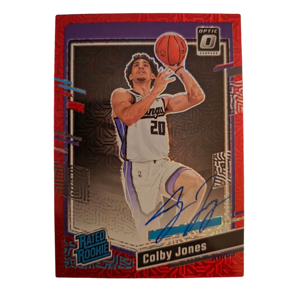 Front of Colby Jones 2023-24 Panini Donruss Optic Rated Rookie Autograph #268 basketball card in Near Mint condition