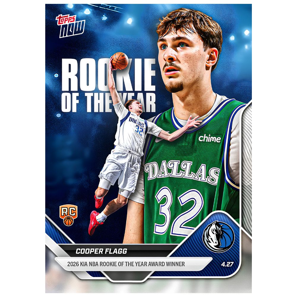 Front of Cooper Flagg RC Rookie 2025-26 NBA Topps NOW Rookie of the Year #ROTY basketball card in Near Mint condition