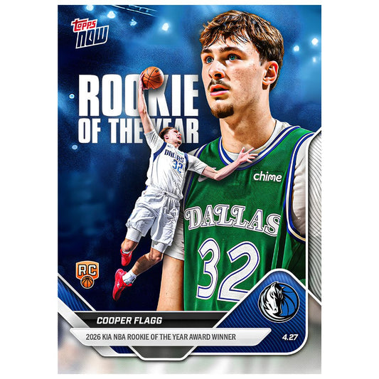 Front of Cooper Flagg RC Rookie 2025-26 NBA Topps NOW Rookie of the Year #ROTY basketball card in Near Mint condition