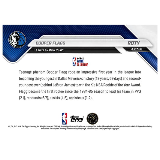 Back of Cooper Flagg RC Rookie 2025-26 NBA Topps NOW Rookie of the Year #ROTY basketball card with 208,735 print run