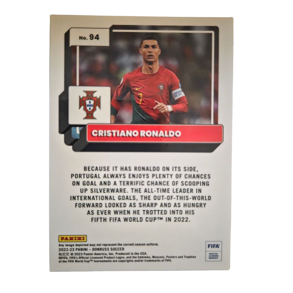 Back of Cristiano Ronaldo 2022-23 Panini Donruss Optic FIFA Soccer #94 card in raw Near Mint condition