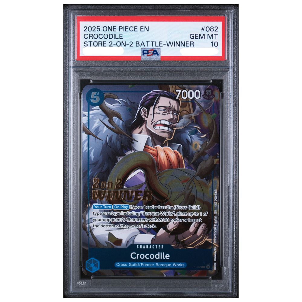 PSA 10 Crocodile Store 2 on 2 Battle Winner promotional card from the 2025 One Piece Promos series