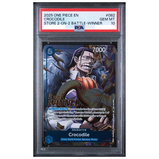 PSA 10 Crocodile Store 2 on 2 Battle Winner promotional card from the 2025 One Piece Promos series