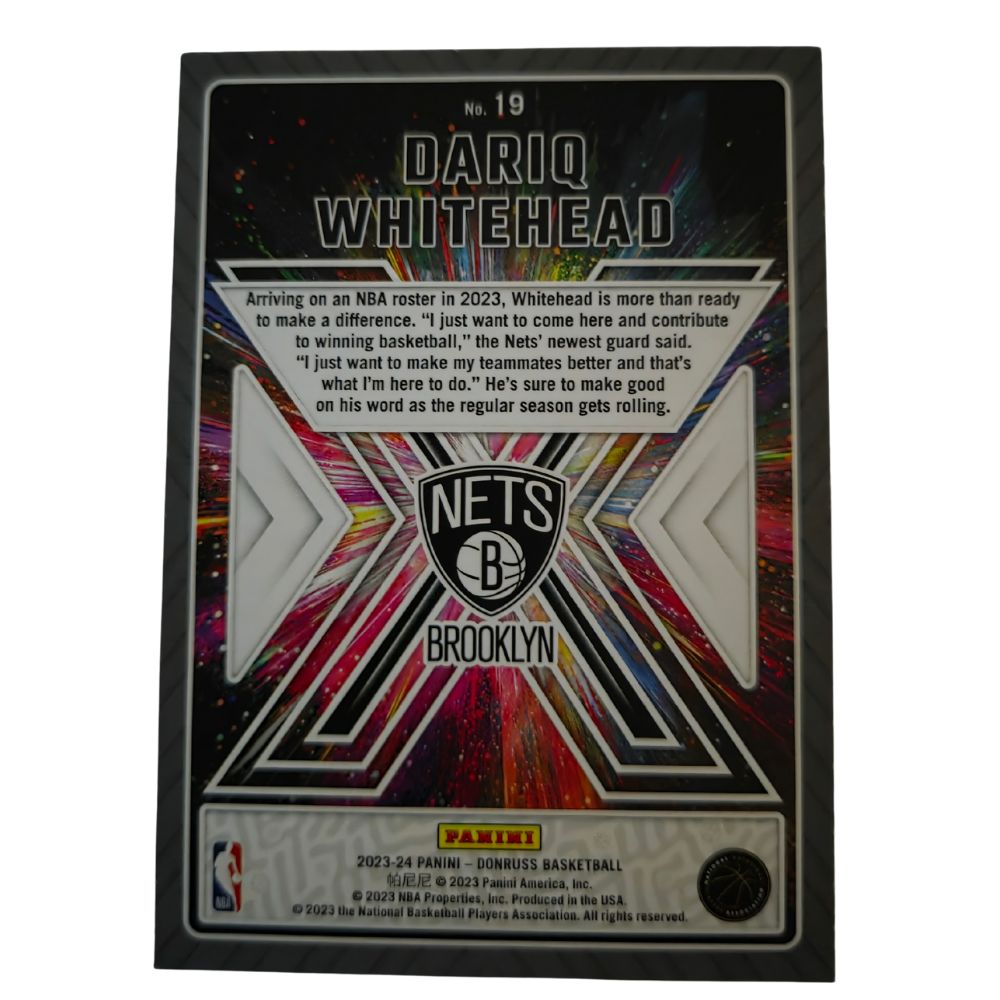 Back of Dariq Whitehead 2023-24 Panini Donruss Great X-pectations #19 basketball card in Near Mint condition