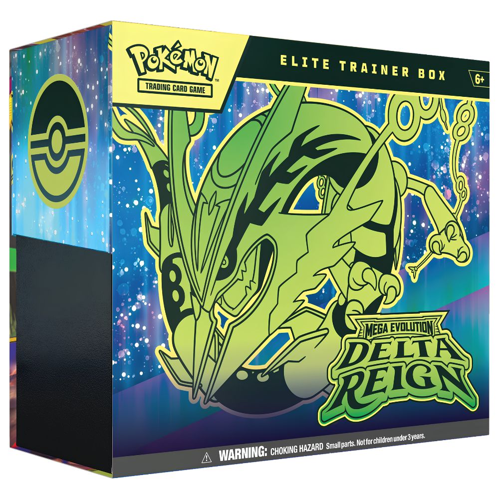 English Pokemon Mega Evolution Delta Reign ME06 Elite Trainer Box with 9 booster packs, a Kyogre promo card and accessories.
