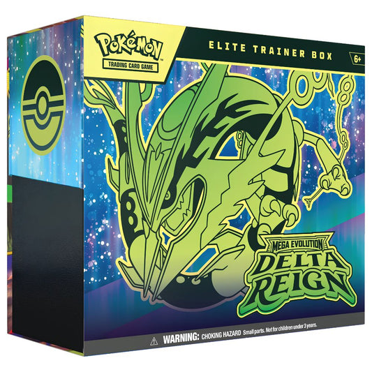 English Pokemon Mega Evolution Delta Reign ME06 Elite Trainer Box with 9 booster packs, a Kyogre promo card and accessories.