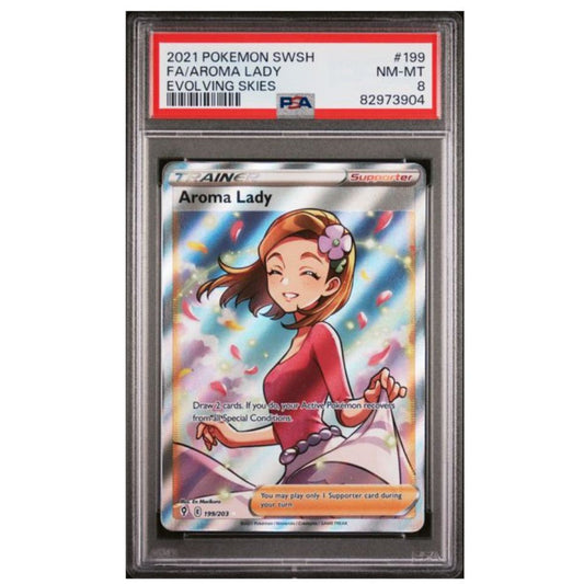 PSA 8 Graded Aroma Lady Full Art Trainer Card from Pokémon Evolving Skies English